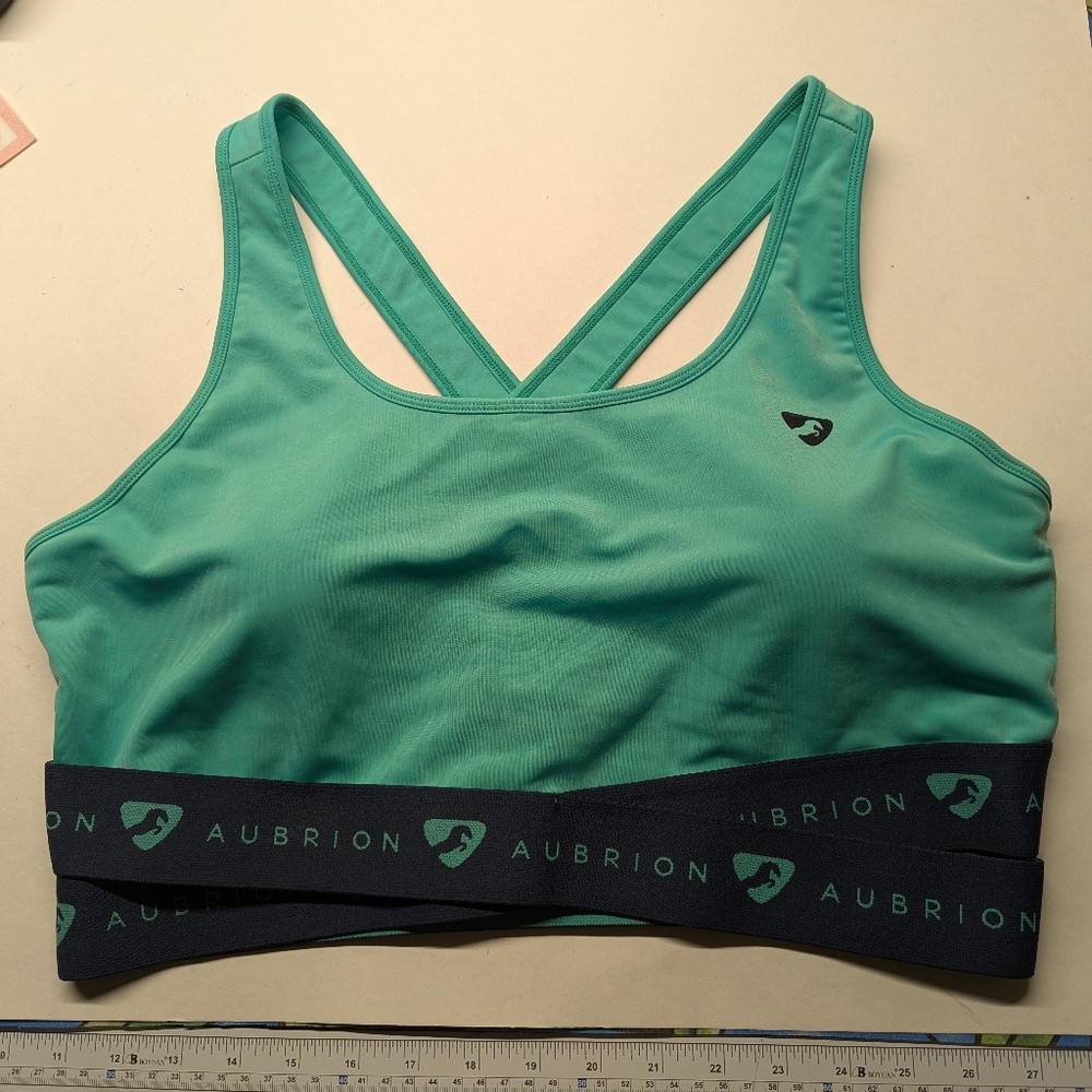 Aubrion Shires Equestrian Sport Bra Sz XXL Green Navy Crisscross Back